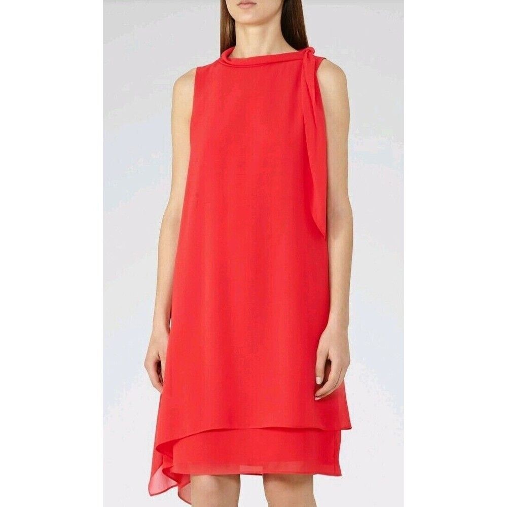 REISS Aries tie neck dress size 8 red knee length loose fit drop waist